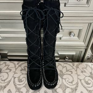 MINNETONKA Front Lace Knee High Fringe Boot
